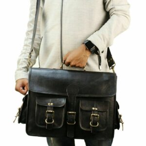Brown Hide Black Leather Messenger Bag for Men