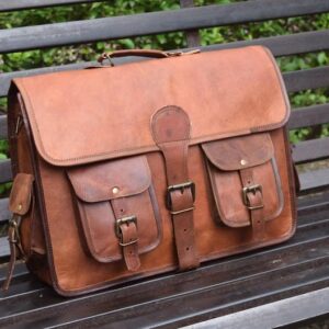 Brown Hide Goat Leather Laptop Bag for Unisex