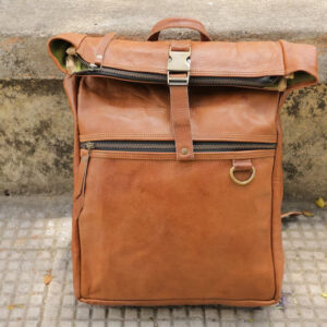 Brown Hide - Leather Roll Top Backpack for Unisex